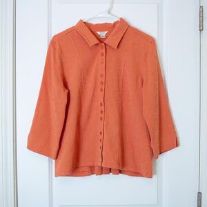 Warm Orange Waffle Knit Button Up Shirt M | Textured Cotton | Pleated Back